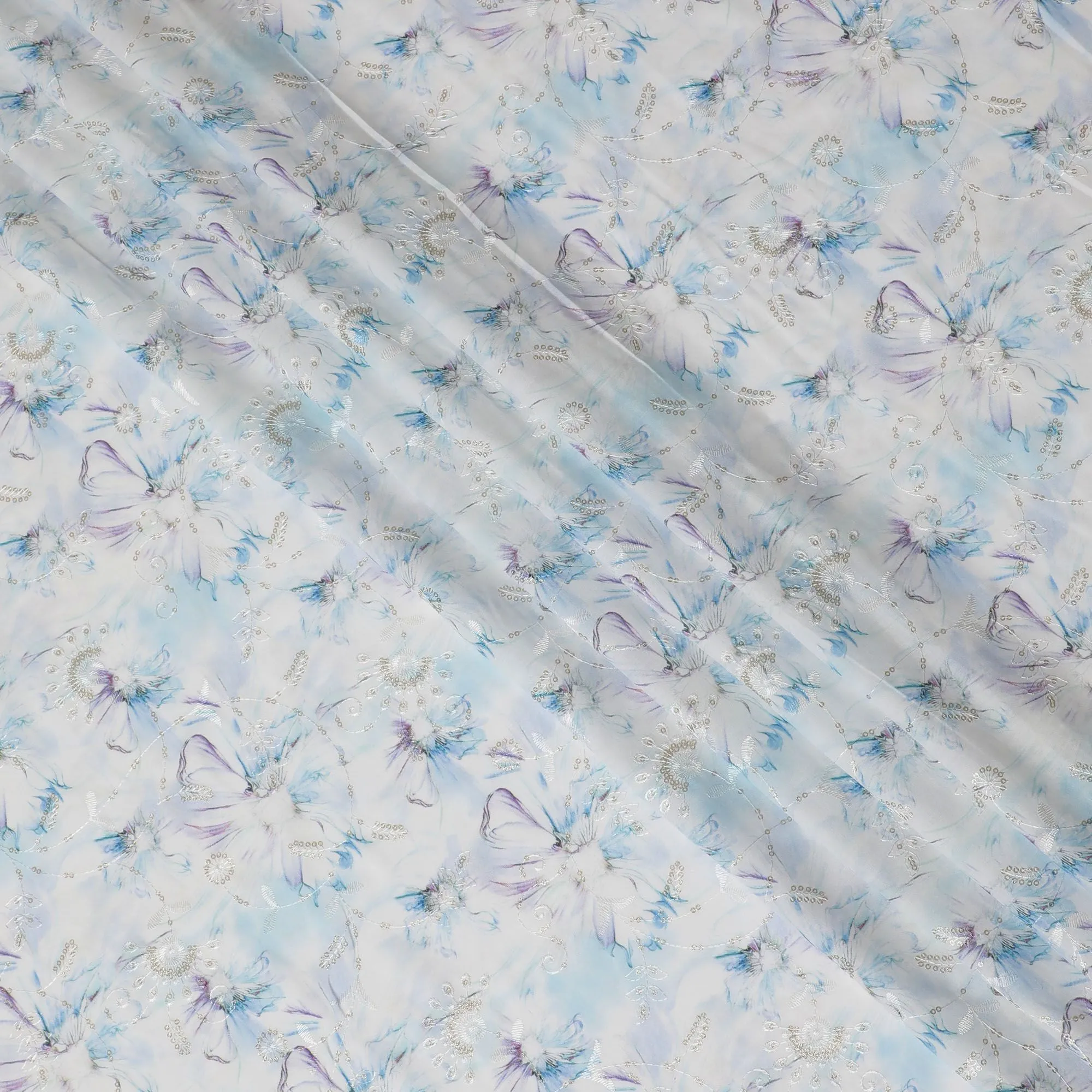 Iridescent Cornflower Sequin Embellished Synthetic Cotton Fabric - 110cm Wide-D18550