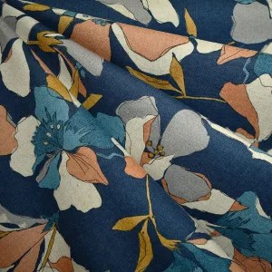 Japanese Color Work Artistic Floral Linen Blend Shirting Blue