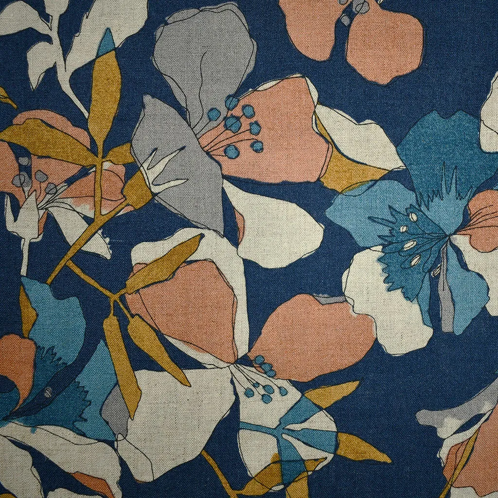 Japanese Color Work Artistic Floral Linen Blend Shirting Blue