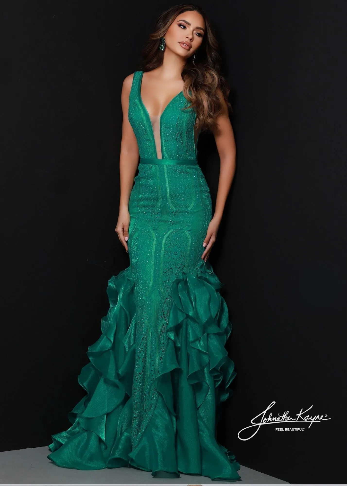 Johnathan Kayne 2542 Size 4 Red Long Lace Ruffle Mermaid Prom Dress Pageant Gown V Neck Formal