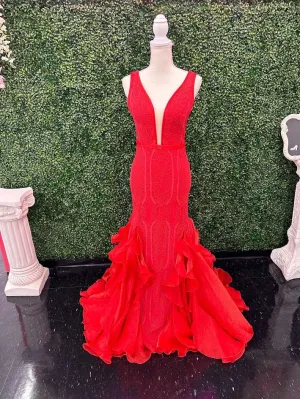 Johnathan Kayne 2542 Size 4 Red Long Lace Ruffle Mermaid Prom Dress Pageant Gown V Neck Formal