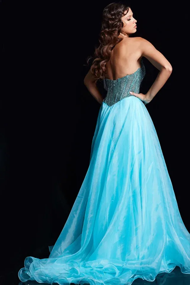 Jovani 38179 Long Prom Dress A-Line  Beaded Corset High Slit Train Strapless Formal Pageant Gown