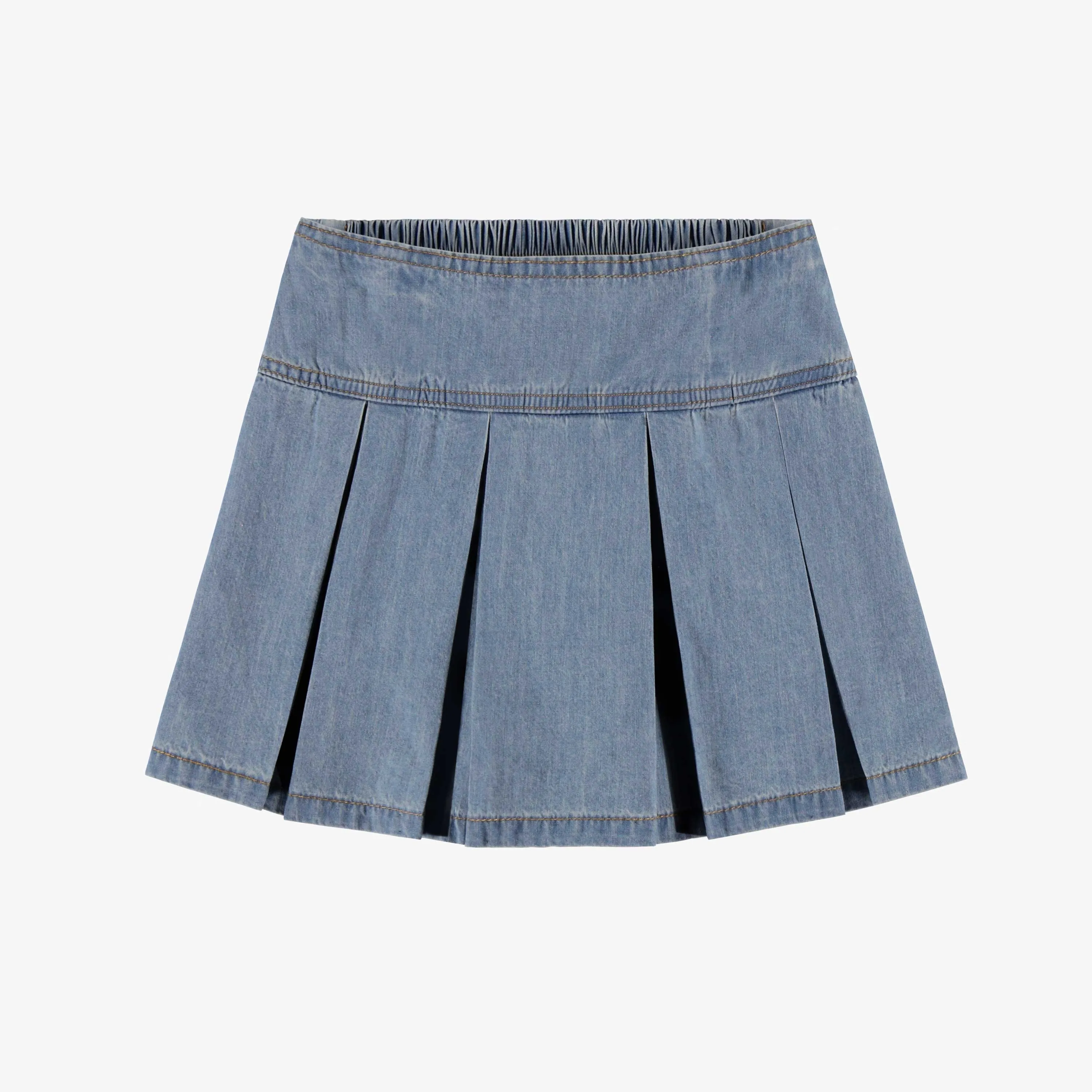 Jupe short à plis bleu pâle en denim léger, enfant || Light blue pleated short skirt in lightweight denim, child