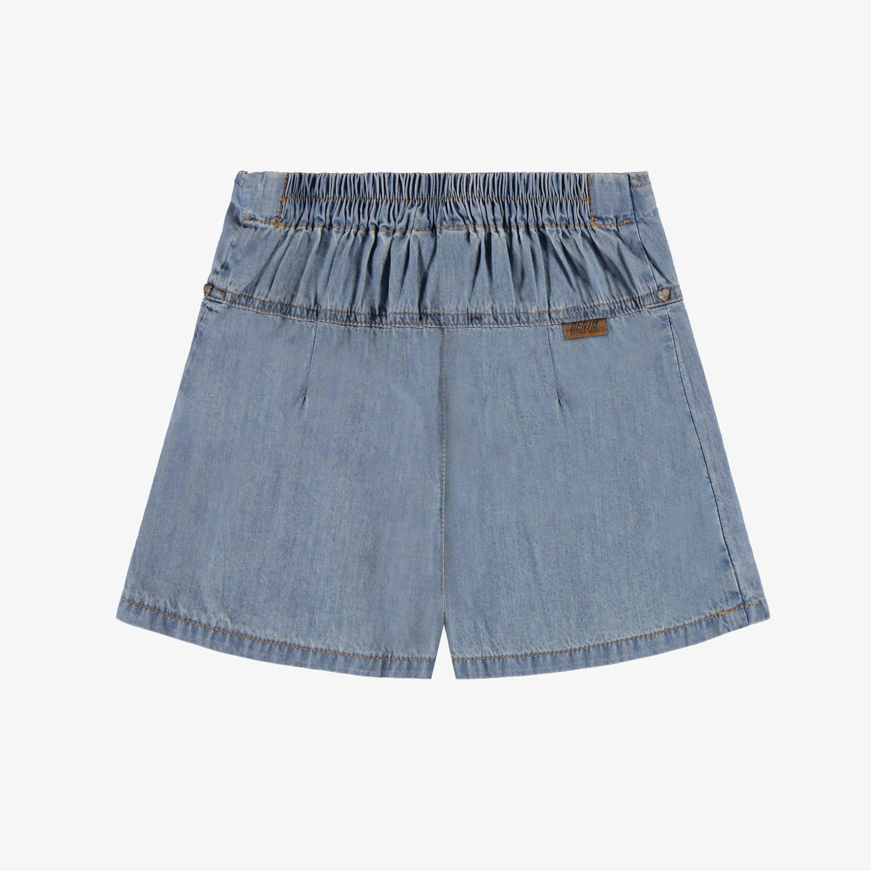 Jupe short à plis bleu pâle en denim léger, enfant || Light blue pleated short skirt in lightweight denim, child