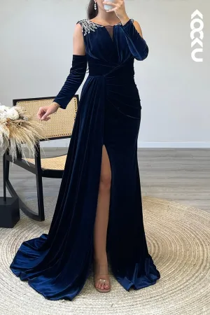 L1341 - Sheath/Column Scoop Beaded Velvet Long Formal Dress With Removable Sleeves