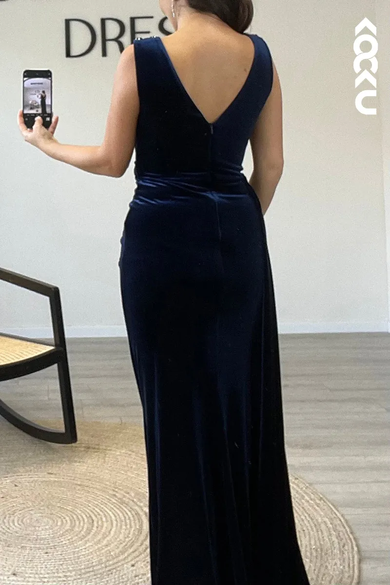 L1341 - Sheath/Column Scoop Beaded Velvet Long Formal Dress With Removable Sleeves