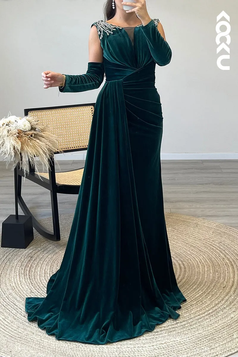 L1341 - Sheath/Column Scoop Beaded Velvet Long Formal Dress With Removable Sleeves