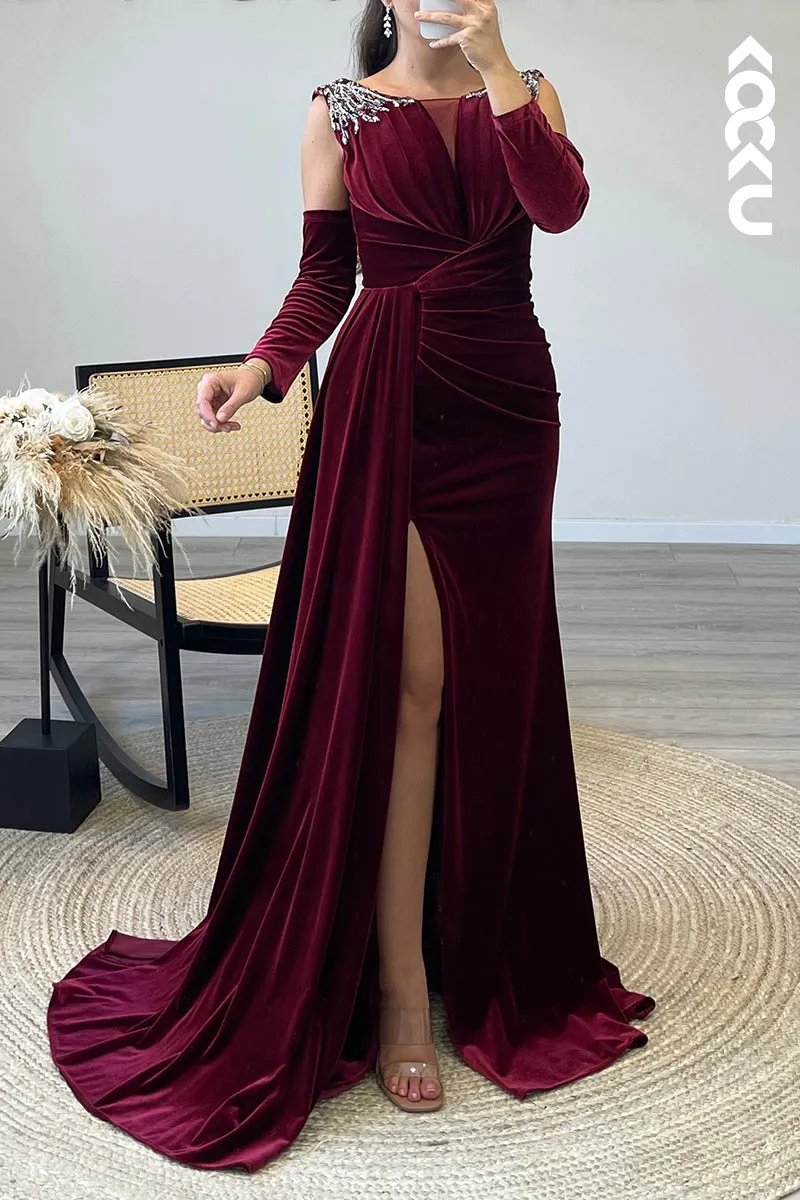 L1341 - Sheath/Column Scoop Beaded Velvet Long Formal Dress With Removable Sleeves
