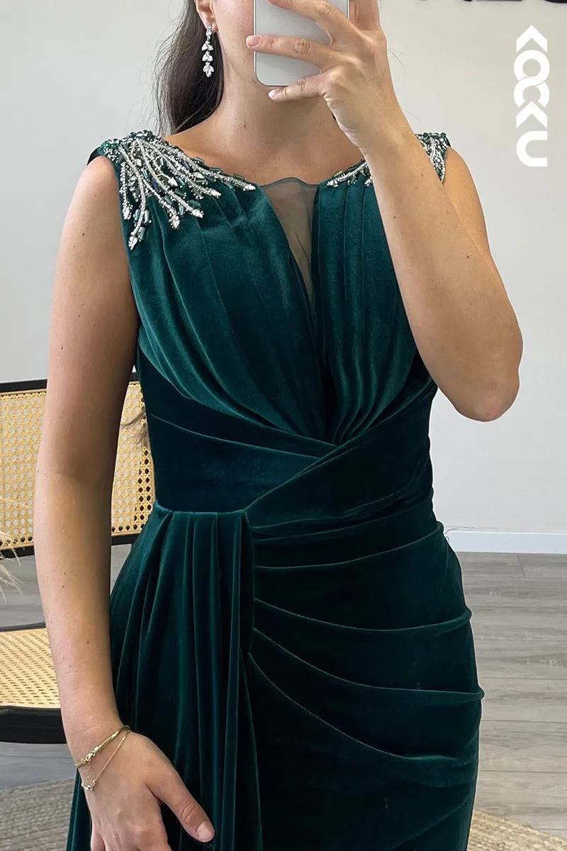 L1341 - Sheath/Column Scoop Beaded Velvet Long Formal Dress With Removable Sleeves