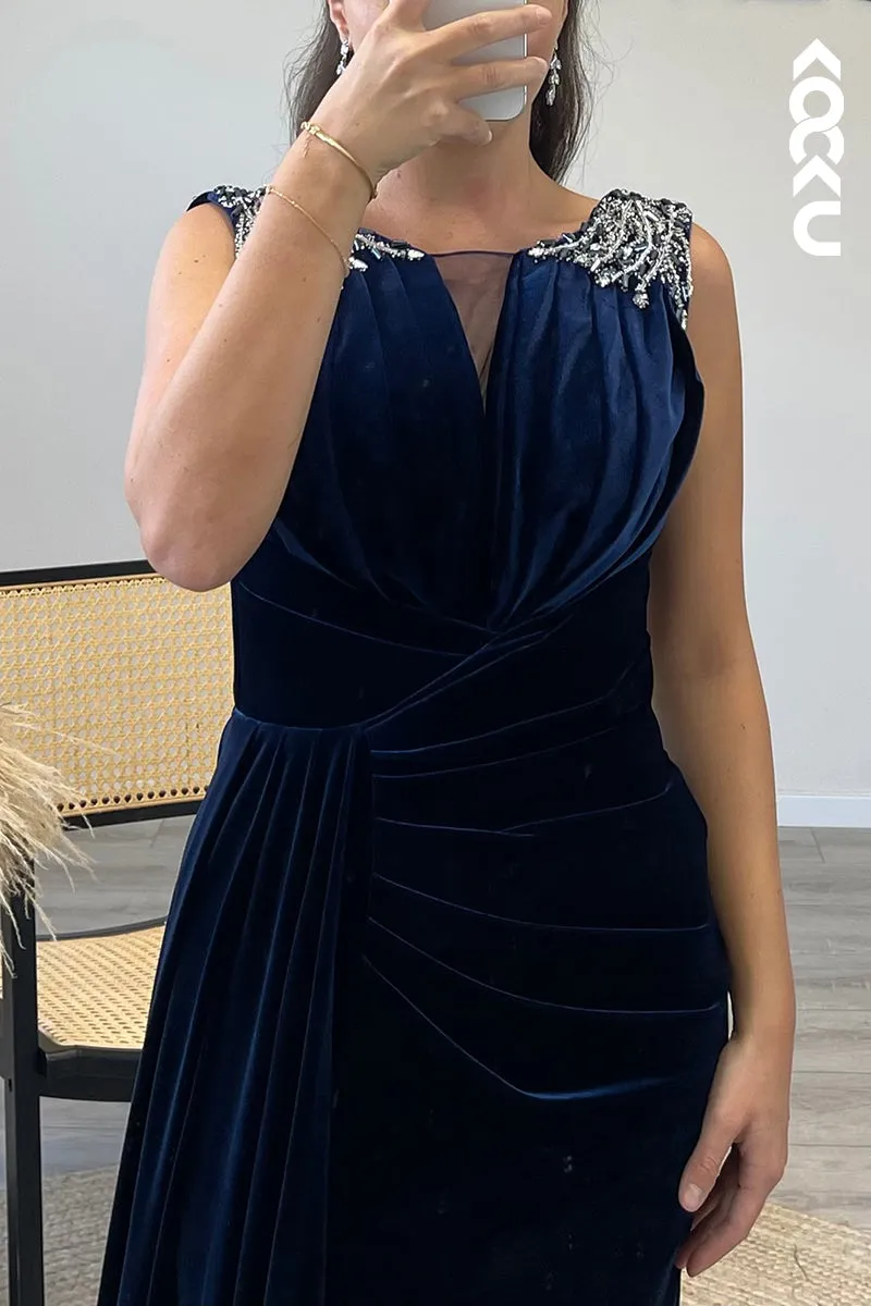 L1341 - Sheath/Column Scoop Beaded Velvet Long Formal Dress With Removable Sleeves