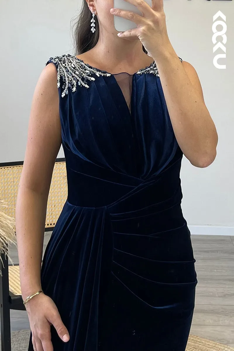 L1341 - Sheath/Column Scoop Beaded Velvet Long Formal Dress With Removable Sleeves