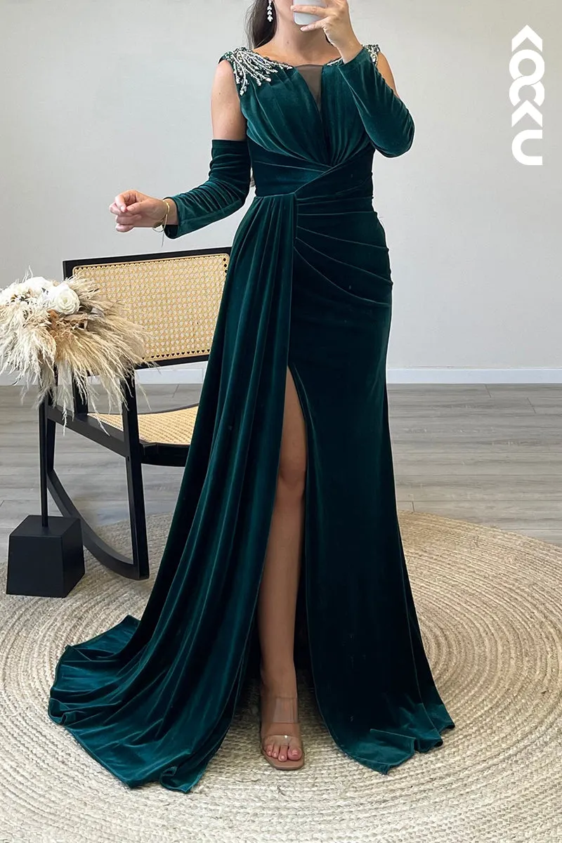 L1341 - Sheath/Column Scoop Beaded Velvet Long Formal Dress With Removable Sleeves