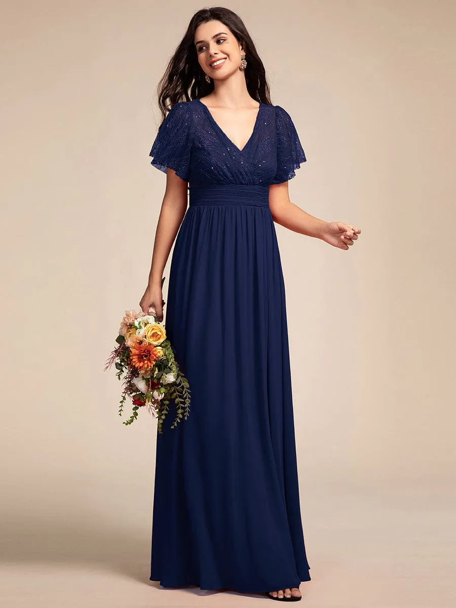 Lace Pleated Chiffon A-line Bridesmaid Dress with Backless Detail