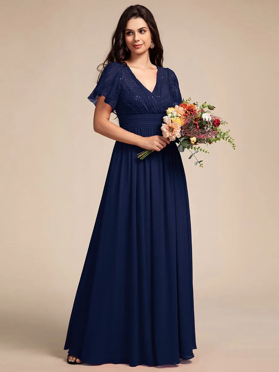 Lace Pleated Chiffon A-line Bridesmaid Dress with Backless Detail