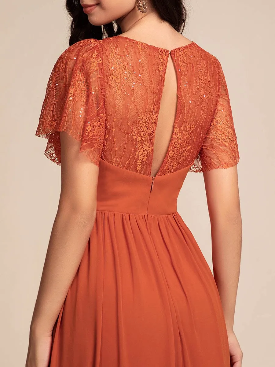 Lace Pleated Chiffon A-line Bridesmaid Dress with Backless Detail
