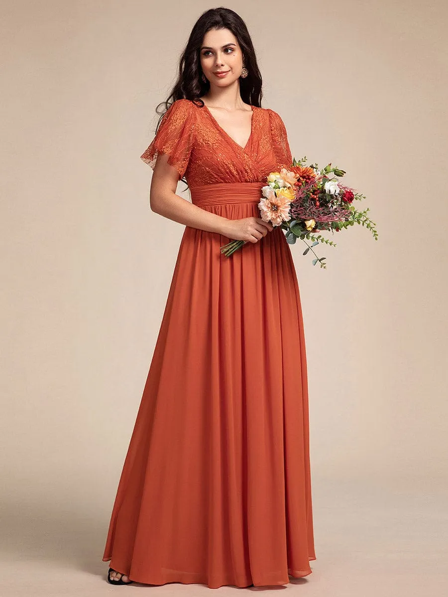 Lace Pleated Chiffon A-line Bridesmaid Dress with Backless Detail