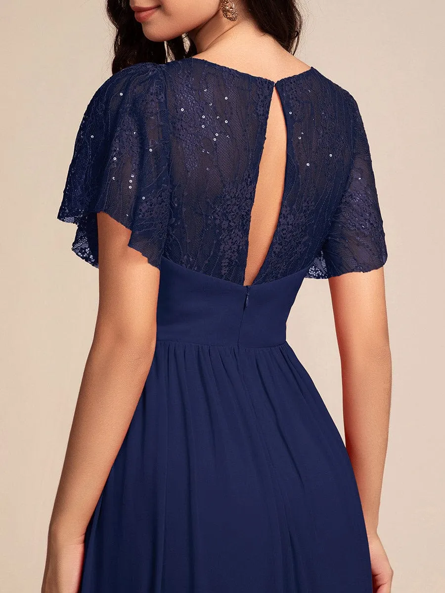 Lace Pleated Chiffon A-line Bridesmaid Dress with Backless Detail