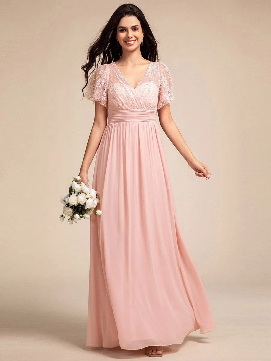 Lace Pleated Chiffon A-line Bridesmaid Dress with Backless Detail