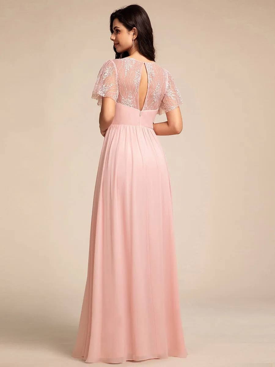 Lace Pleated Chiffon A-line Bridesmaid Dress with Backless Detail