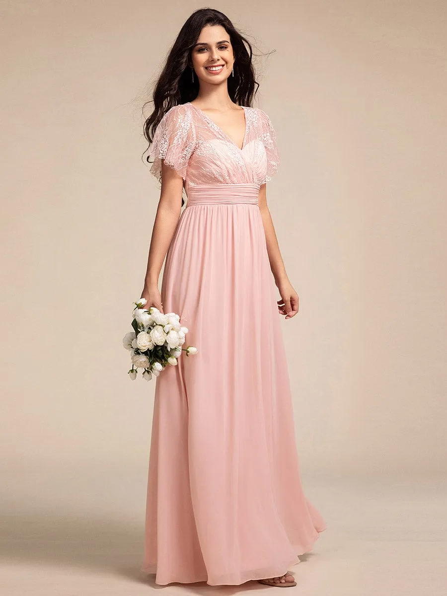 Lace Pleated Chiffon A-line Bridesmaid Dress with Backless Detail