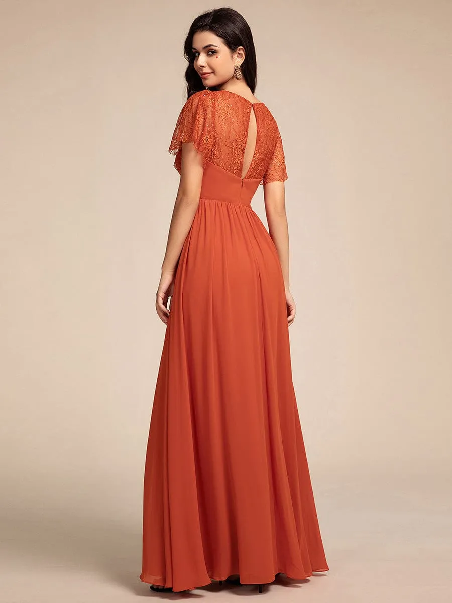 Lace Pleated Chiffon A-line Bridesmaid Dress with Backless Detail