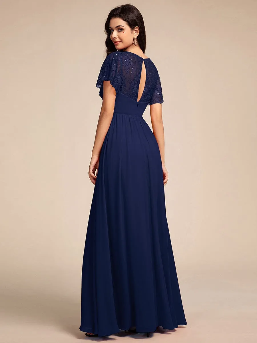 Lace Pleated Chiffon A-line Bridesmaid Dress with Backless Detail