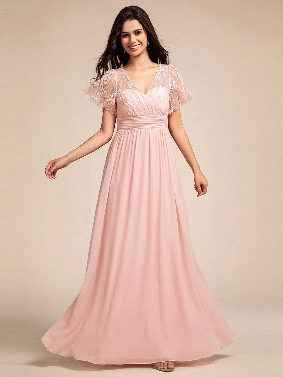 Lace Pleated Chiffon A-line Bridesmaid Dress with Backless Detail