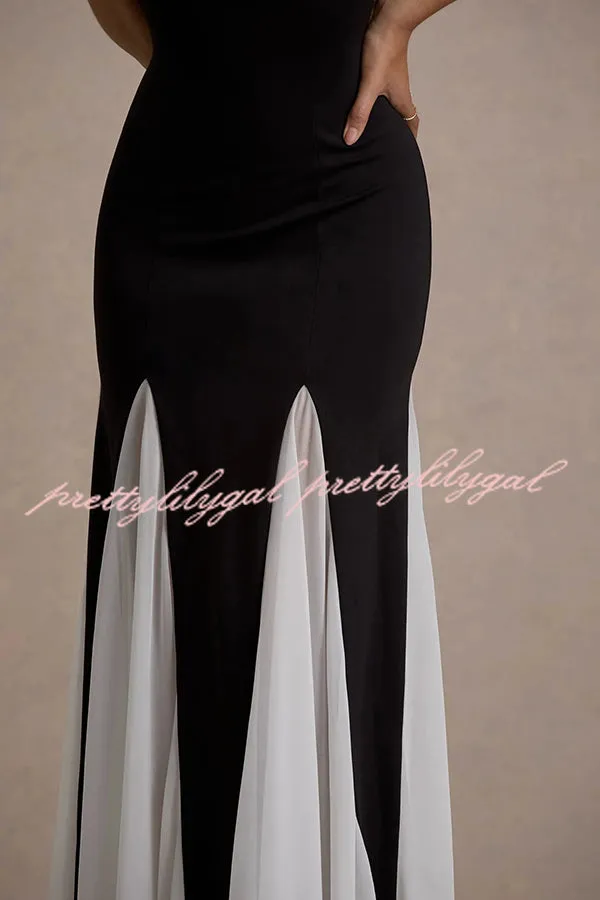 Litzy Contrast Color Panelled Tulle High Neck Stretch Maxi Dress