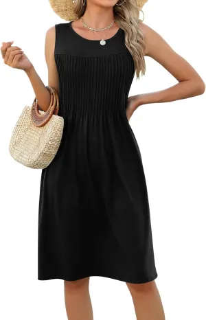 LOMON Womens Casual Summer Dresses Floral Beach Sleeveless Crewneck Pleated Tshirt Sundresses with Pockets