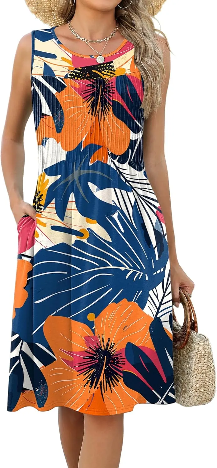 LOMON Womens Casual Summer Dresses Floral Beach Sleeveless Crewneck Pleated Tshirt Sundresses with Pockets