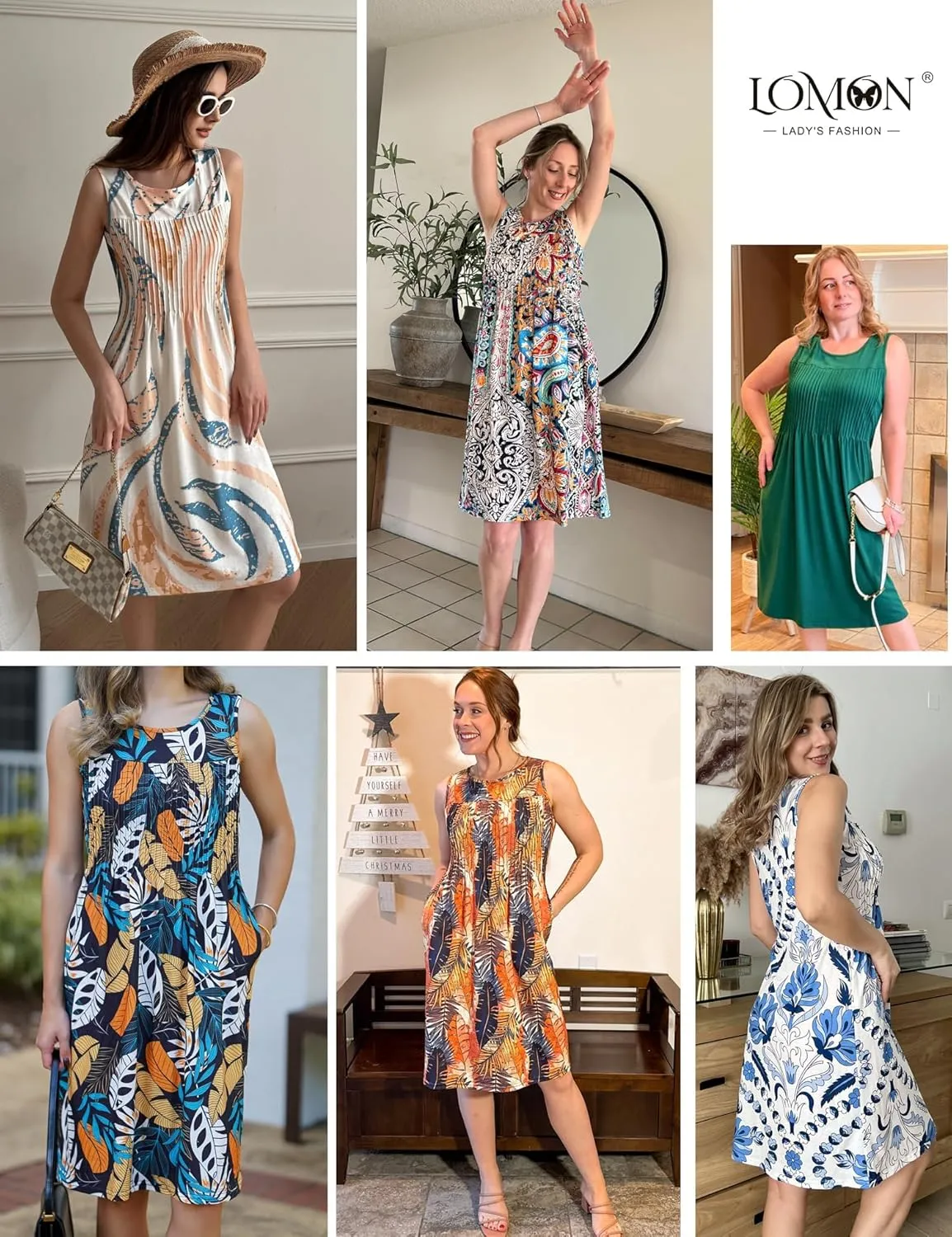 LOMON Womens Casual Summer Dresses Floral Beach Sleeveless Crewneck Pleated Tshirt Sundresses with Pockets