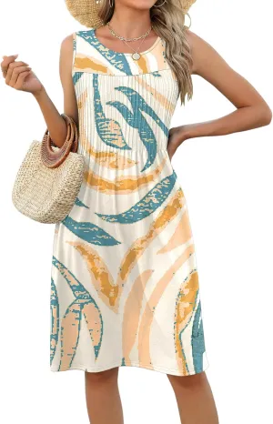 LOMON Womens Casual Summer Dresses Floral Beach Sleeveless Crewneck Pleated Tshirt Sundresses with Pockets