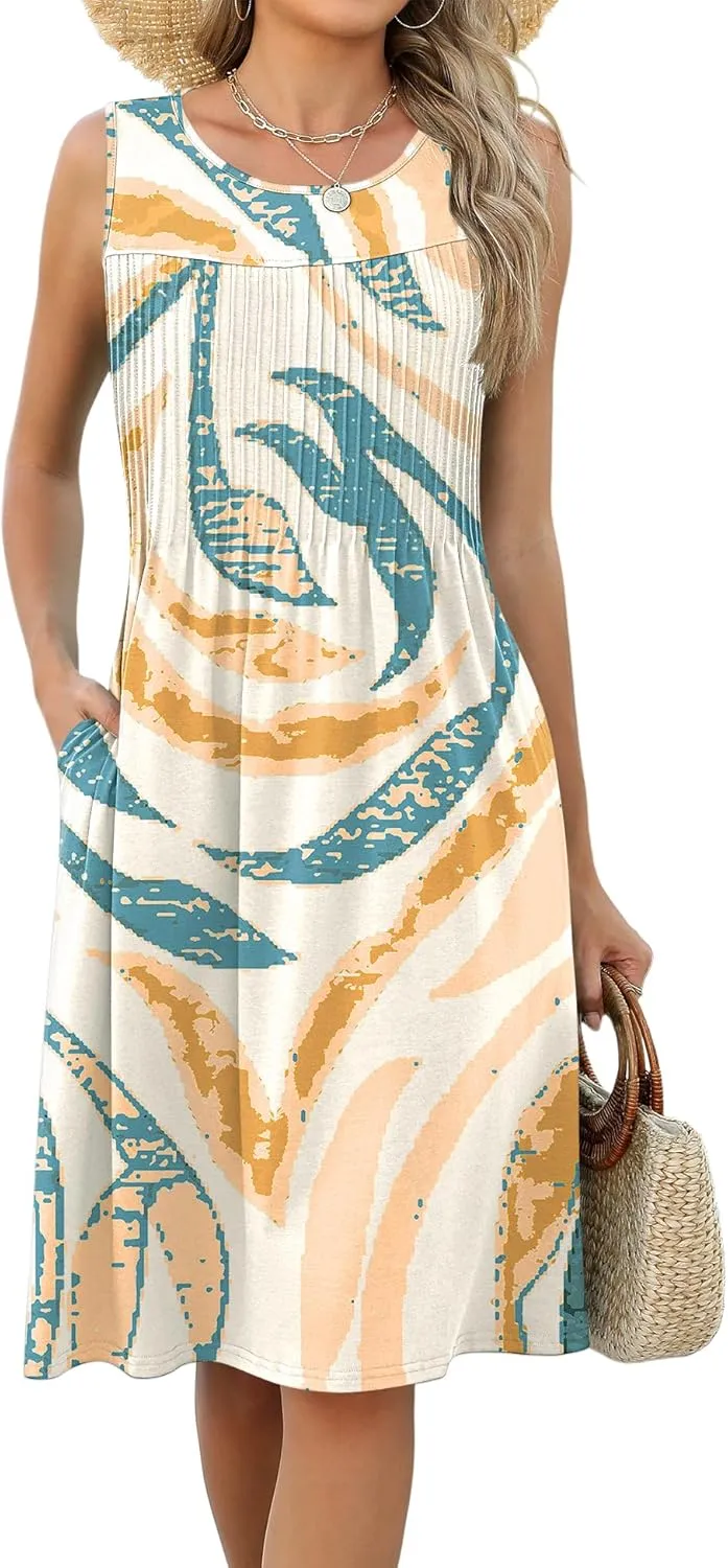 LOMON Womens Casual Summer Dresses Floral Beach Sleeveless Crewneck Pleated Tshirt Sundresses with Pockets