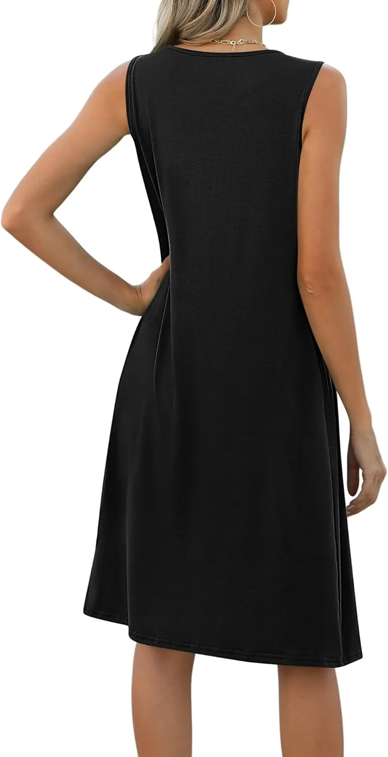 LOMON Womens Casual Summer Dresses Floral Beach Sleeveless Crewneck Pleated Tshirt Sundresses with Pockets