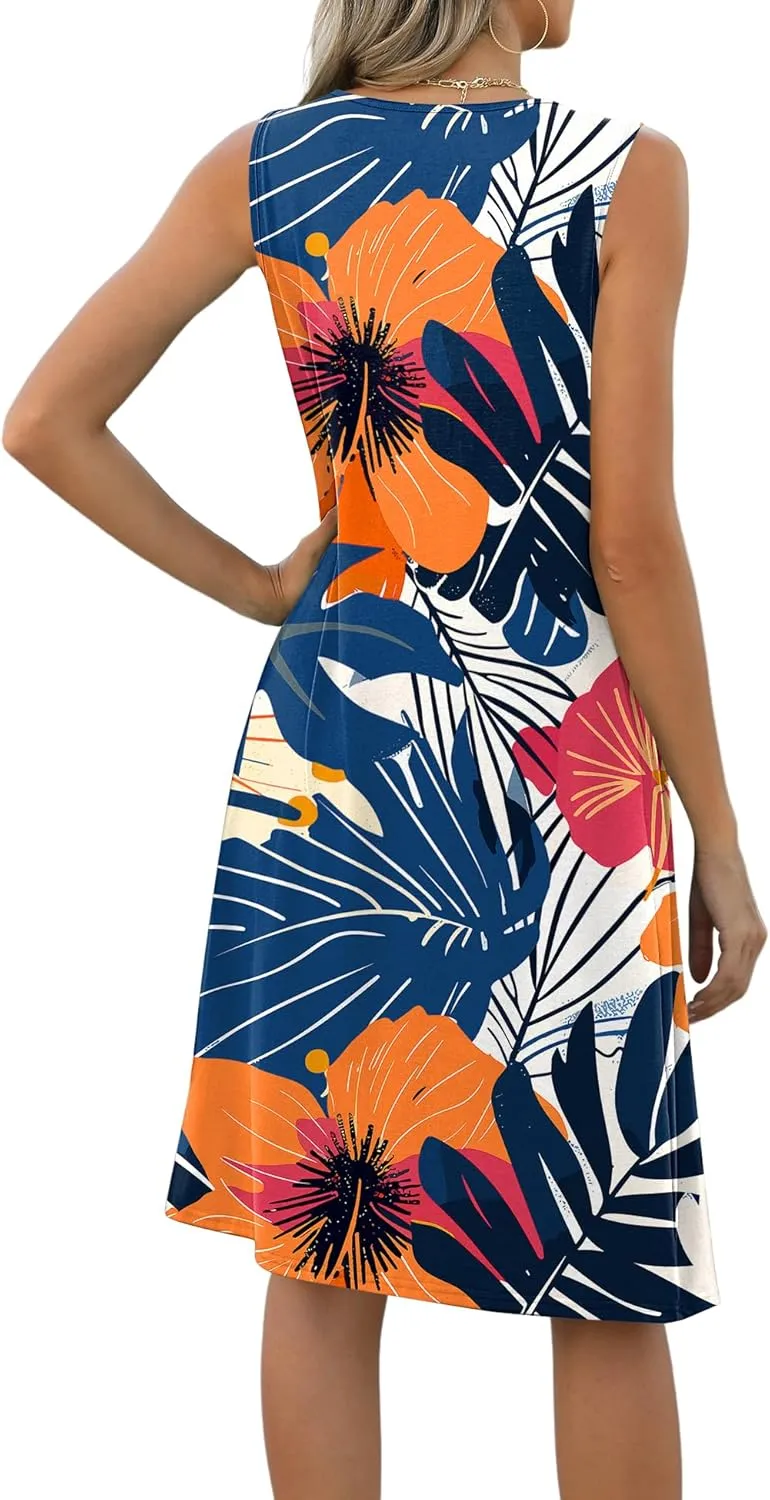 LOMON Womens Casual Summer Dresses Floral Beach Sleeveless Crewneck Pleated Tshirt Sundresses with Pockets