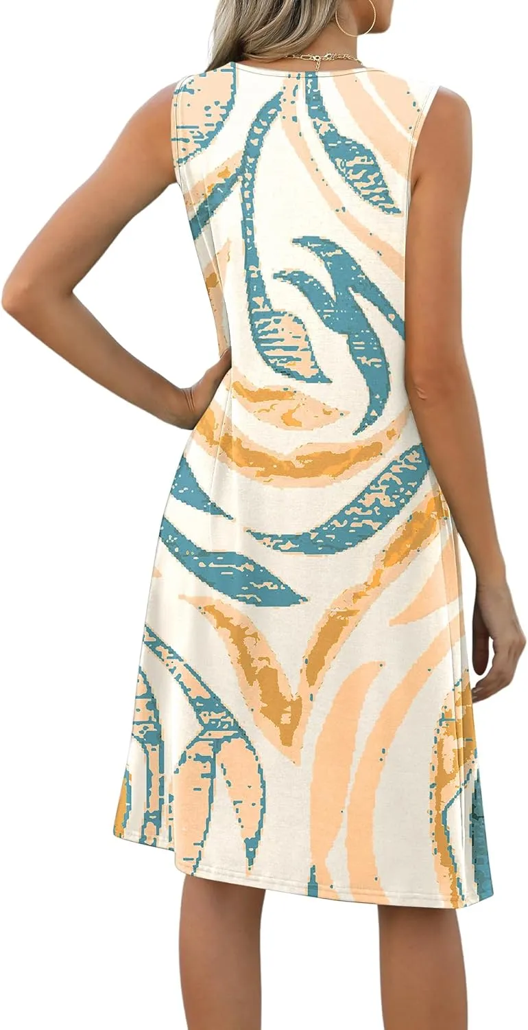 LOMON Womens Casual Summer Dresses Floral Beach Sleeveless Crewneck Pleated Tshirt Sundresses with Pockets