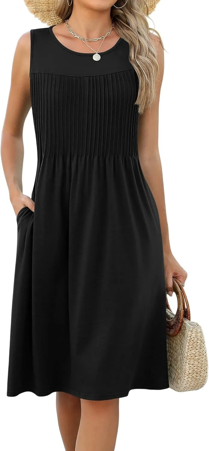LOMON Womens Casual Summer Dresses Floral Beach Sleeveless Crewneck Pleated Tshirt Sundresses with Pockets