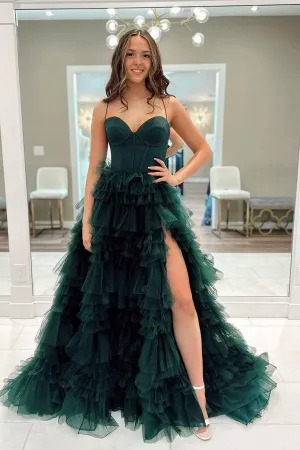 Luolandi Dark Green Sweetheart Ruffle Tiered Tulle Long Prom Dresses with Slit Sexy Evening Dress