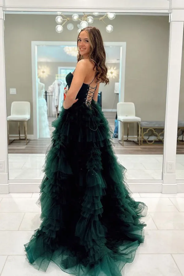 Luolandi Dark Green Sweetheart Ruffle Tiered Tulle Long Prom Dresses with Slit Sexy Evening Dress