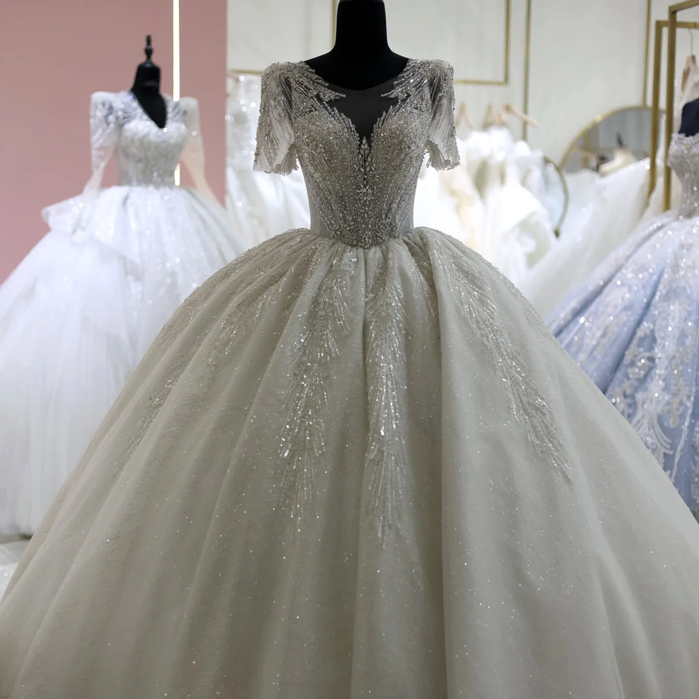 Luxury Beaded Short Sleeves Ball Gown Wedding Dress RS021