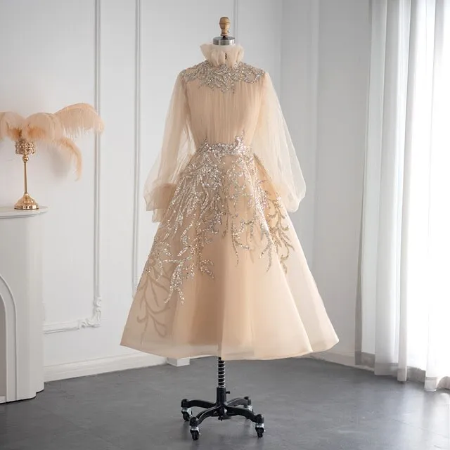 Luxury Champagne Long Sleeve Muslim Evening Dress SS496