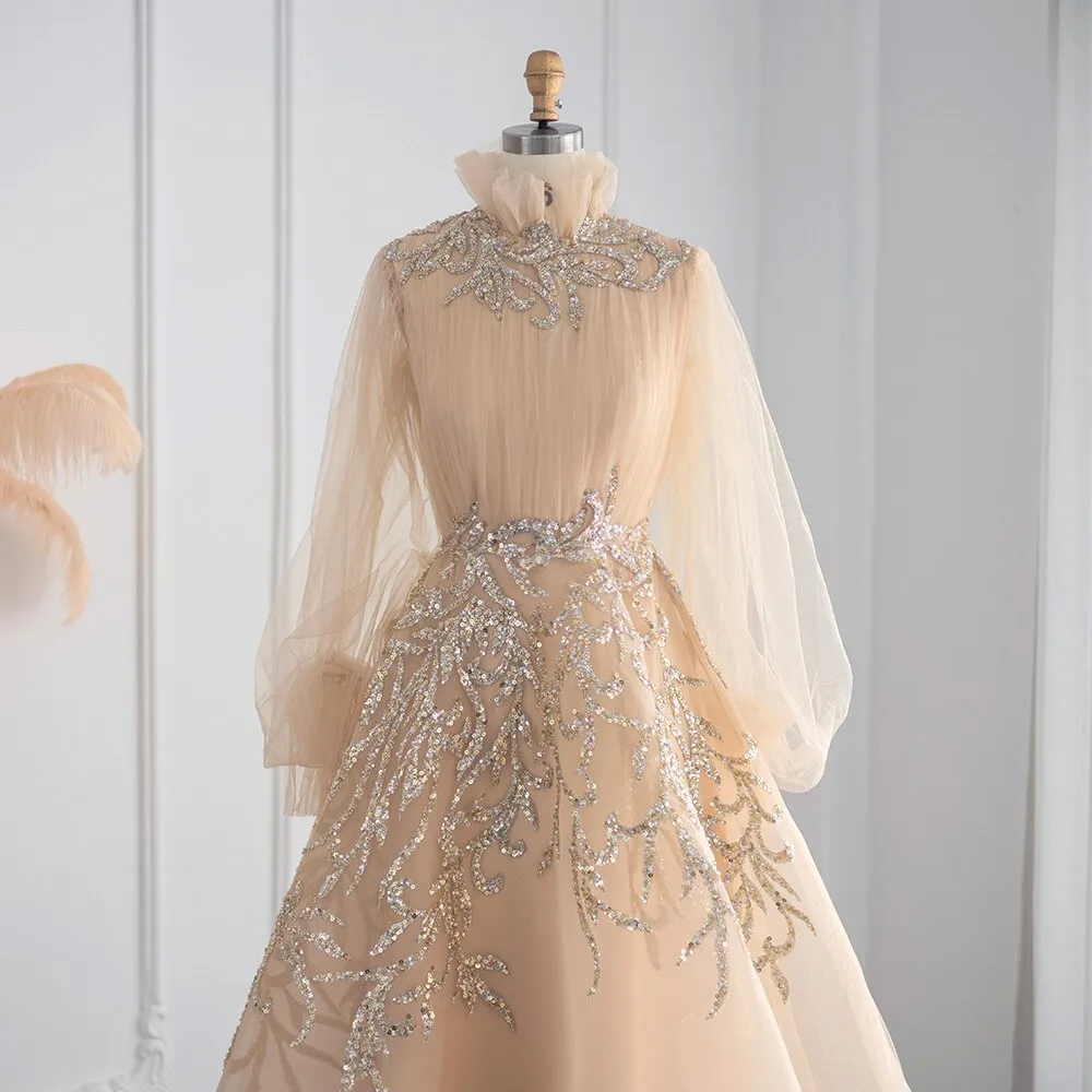 Luxury Champagne Long Sleeve Muslim Evening Dress SS496