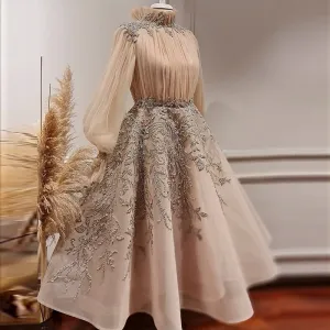 Luxury Champagne Long Sleeve Muslim Evening Dress SS496
