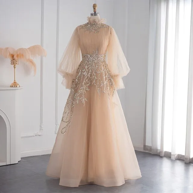 Luxury Champagne Long Sleeve Muslim Evening Dress SS496