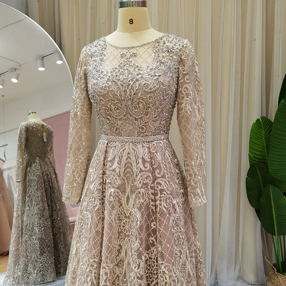 Luxury Crystal Nude Long Sleeves Evening Dress SS191