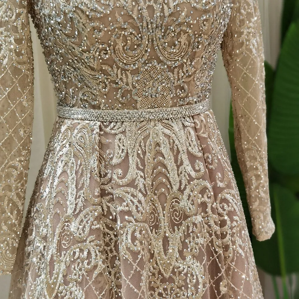 Luxury Crystal Nude Long Sleeves Evening Dress SS191