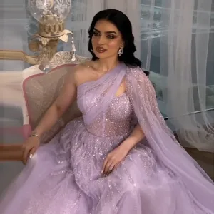 Luxury One Shoulder Lilac Evening Dress with Cape Sleeve SS465