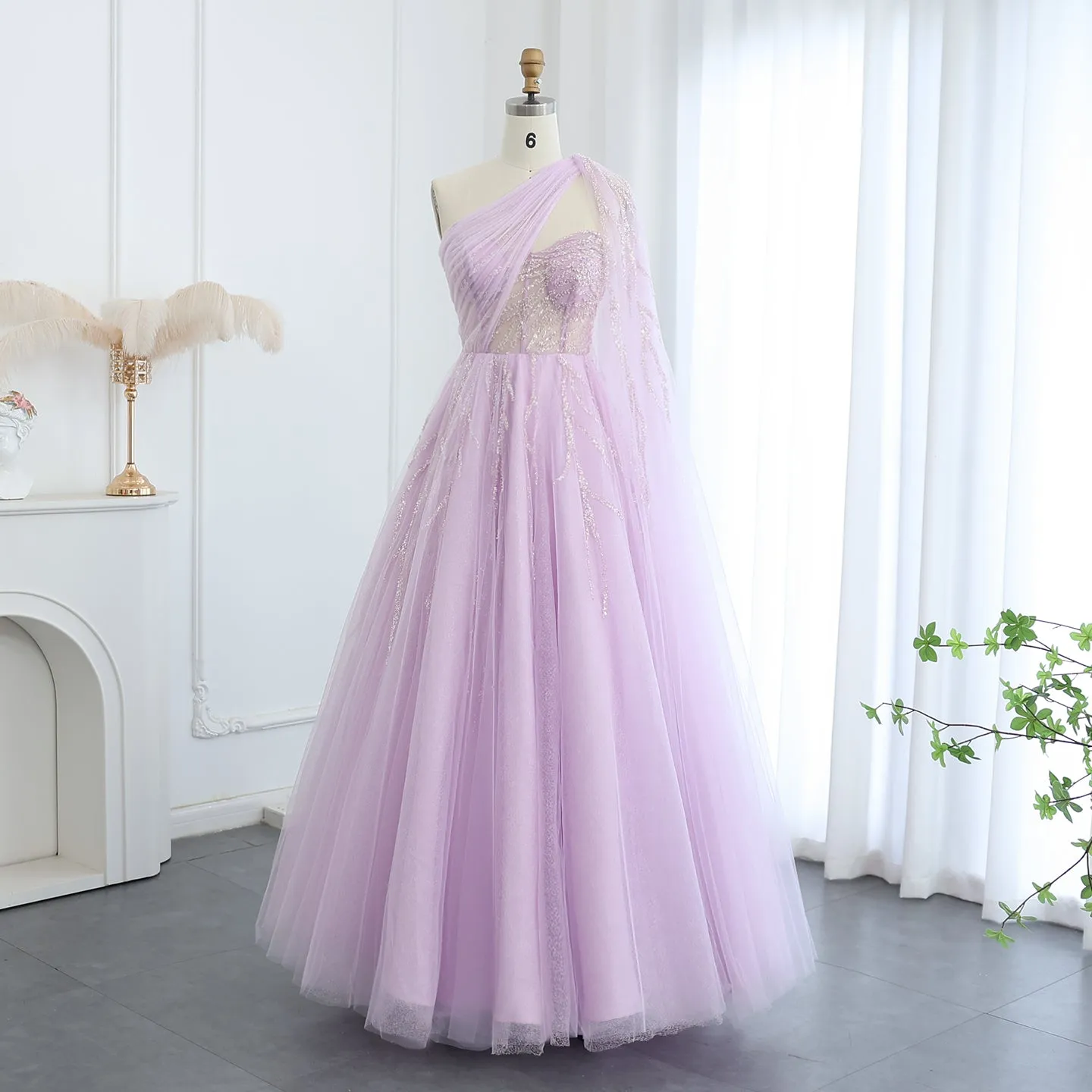 Luxury One Shoulder Lilac Evening Dress with Cape Sleeve SS465