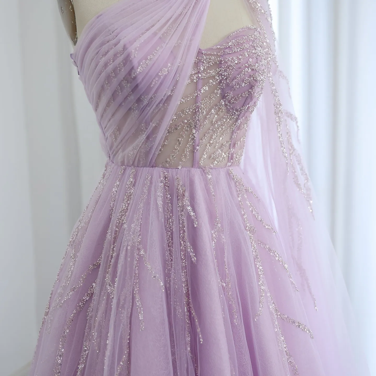 Luxury One Shoulder Lilac Evening Dress with Cape Sleeve SS465