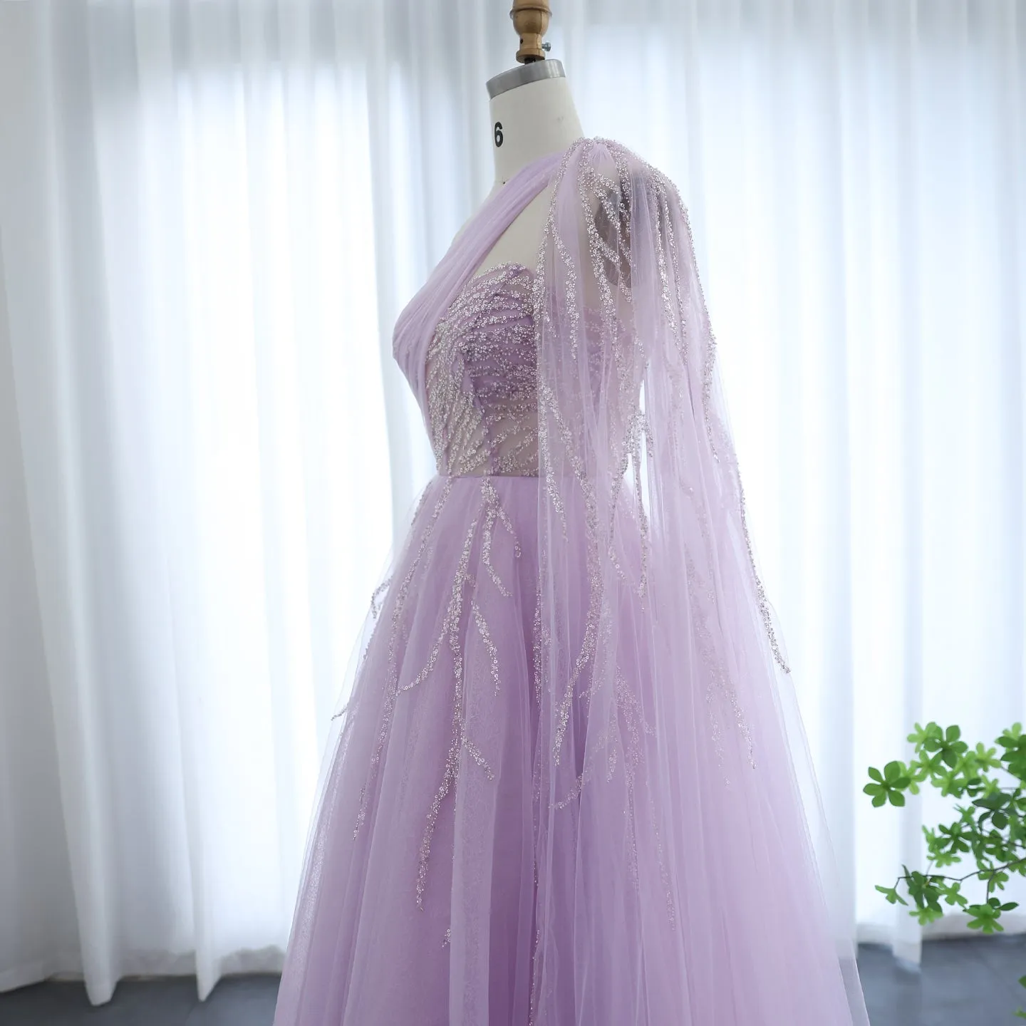 Luxury One Shoulder Lilac Evening Dress with Cape Sleeve SS465